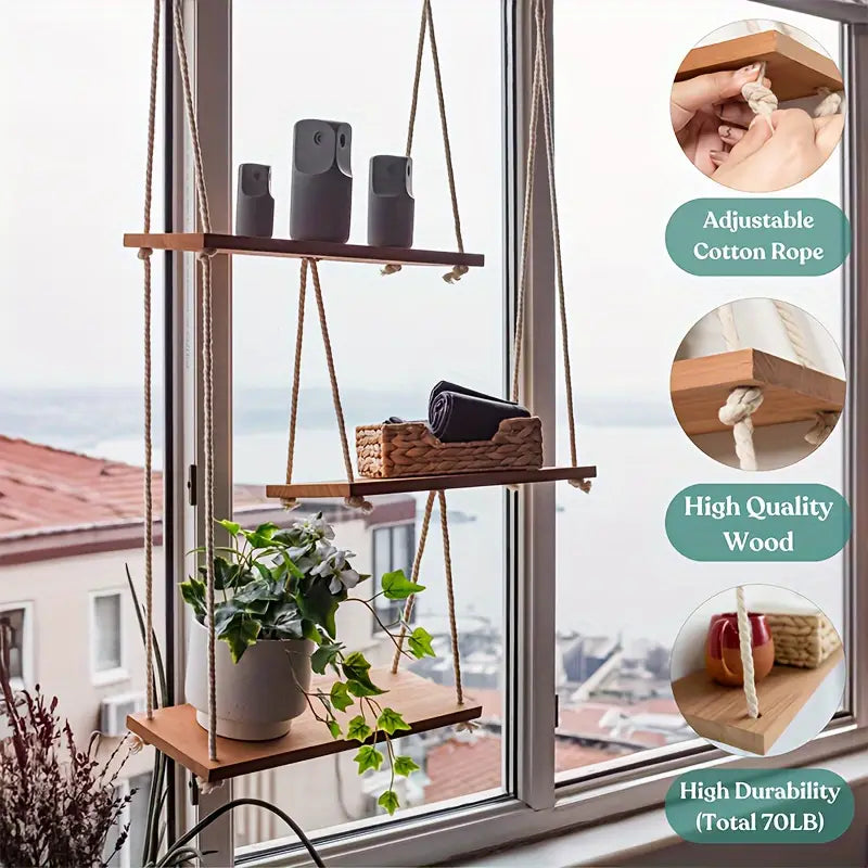 3-Tier Adjustable Boho Wooden Floating Shelves